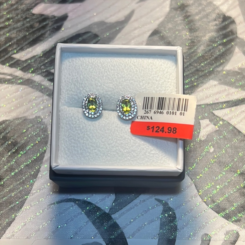 !NEW! Genuine Peridot, Lab Created White Sapphire, Sterling Silver Earrings!